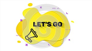 Black megaphone with text Let's go. Memphis style banner with abstract geometric shapes on yellow background. Banner and