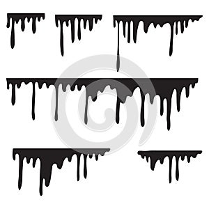 Black melt drips or liquid paint drops. Vector graffiti splatter splash or chocolate syrup and oil leak borders with hand made