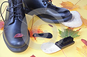 black men& x27;s boots with autumn leaves and shoe care products