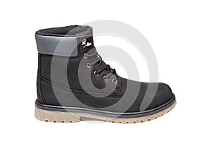 Black men`s nubuck leather boots, one shoe, on a white background, isolate
