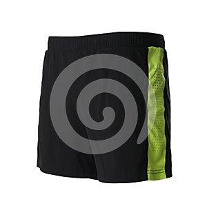 Black men`s shorts with yellow stripe isolated on white. Sports clothing