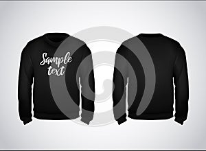 Black men`s sweatshirt template with sample text front and back view. Hoodie for branding or advertising