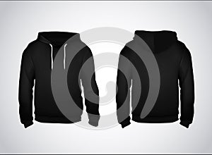 Black men`s sweatshirt template with sample text front and back view. Hoodie for branding or advertising