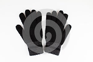 Black men`s winter gloves on a white background