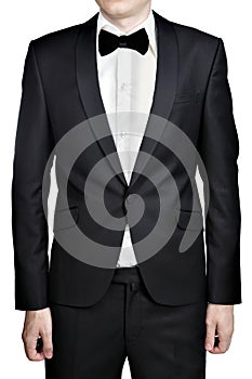Black men wedding suit jacket, shirt and tie butterfly isolated