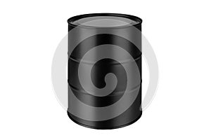 Black metal barrel on white background isolated close up, oil drum, steel keg, blank closed food tin can, aluminium cask, petrol