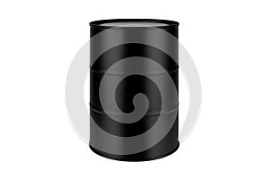 Black metal barrel on white background isolated close up, oil drum, steel keg, blank closed food tin can, aluminium cask, petrol