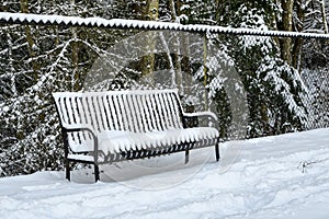 Black metal bench covered in snow against a black chain link fence on a snowy day, forest in background