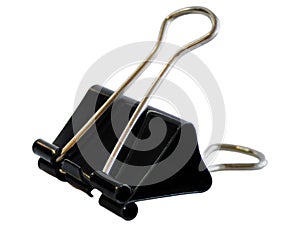A black metal binder clip stationery for paper, office equipment, school or home supply, isolated cutout, white background with