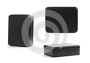 A black metal box. Seth from different sides. Close up. Isolated on a white background