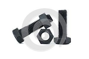 Black metal fasteners arranged on white background