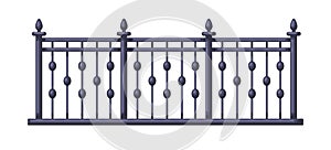 Black metal fence with decorative peaks. Blacksmith fencing, railing. Wrought iron handrail. Balcony and terrace rail