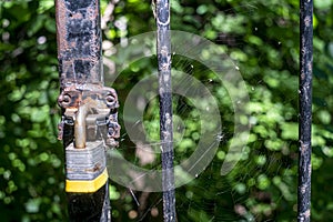 Black metal fence with a lock and spider web