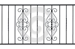Black metal forged fence with ornate pattern, isolated on white