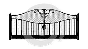 Black metal gate with forged ornaments on a white background