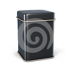 Black metal jar for tea or coffee on white background.