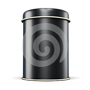 Black metal jar for tea on white background