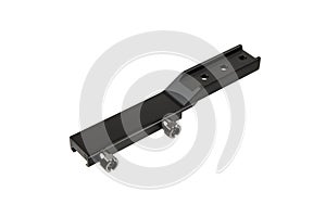 A black metal mounting bracket with multiple holes and two adjustable screws, designed for secure attachment and alignment of