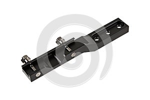 A black metal mounting bracket with multiple holes and two adjustable screws, designed for secure attachment and alignment of