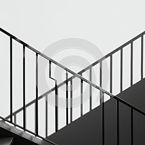 Black metal railing forms a geometric pattern against a stark white background.