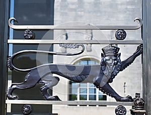 Black metal sculpture on the entrance to the Air Forces Memorial at Runnymede in Surrey