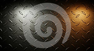 Black metal surface featuring a diamond plate pattern with raised, oval-shaped