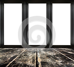 Black metal window frame on wooden floor