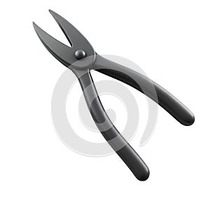 Black metal wire cutters with sharp jaws and curved handles isolated on white