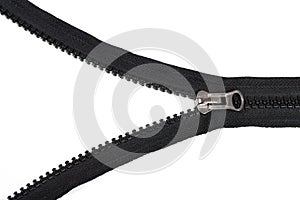 Black and metallic zipper isolated on white background
