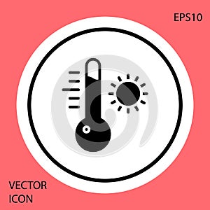 Black Meteorology thermometer measuring icon isolated on red background. Thermometer equipment showing hot or cold weather. White