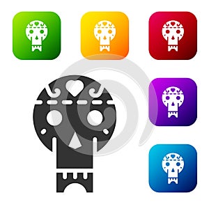 Black Mexican skull icon isolated on white background. Set icons in color square buttons. Vector