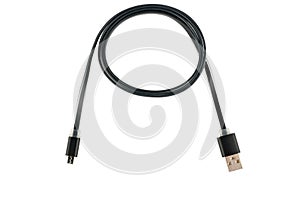 Black micro-usb cable twisted into a ring, on a white isolated background. Horizontal frame