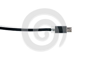 Black micro usb connector cable on white isolated background. Horizontal frame