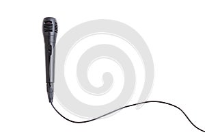 Black microphone with cable on white background