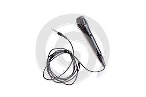 Black microphone with cable on white background