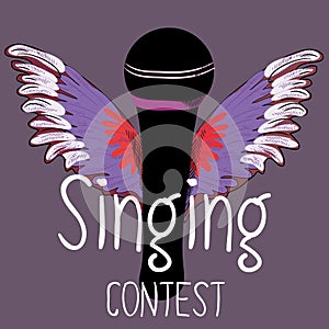 Black microphone with colorful wings. Singing contest. Vector illustration on dark violet background