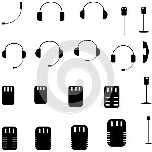 Black microphone, headphone, handset - set icons.