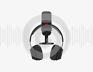 Black microphone and headphones on a gray background with sound waves. Flat vector illustration