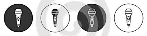 Black Microphone icon isolated on white background. On air radio mic microphone. Speaker sign. Circle button. Vector