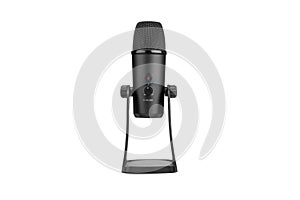 Black microphone isolated on white background. Podcast or studio concept for studio voice recording. Online concept for