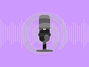 Black microphone on a purple background with sound waves. Flat vector illustration