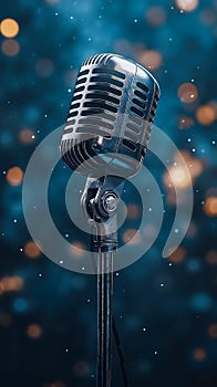 A microphone on a stand with a blue background