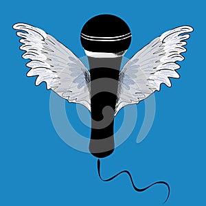 Black microphone with wings. Vector illustration on blue background