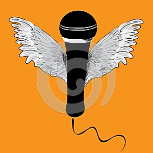 Black microphone with wings. Vector illustration on orange background