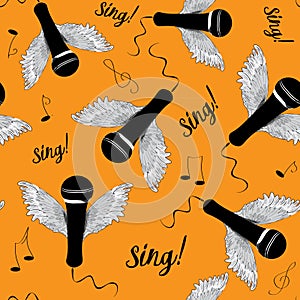 Black microphones with wings and music notes. Sing! Seamless pattern. Vector illustration on orange background