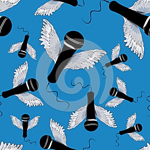 Black microphones with wings. Seamless pattern. Vector illustration on blue background