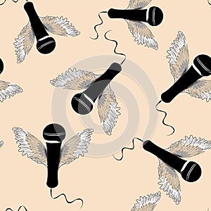 Black microphones with wings. Seamless pattern. Vector illustration on light orange background