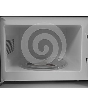 Black microwave oven with opened door on white. 3D illustration