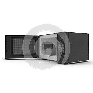 Black microwave oven with opened door on a white. 3D illustration