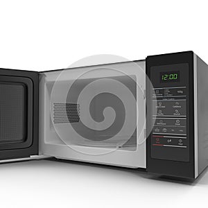 Black microwave oven with opened door on white. 3D illustration